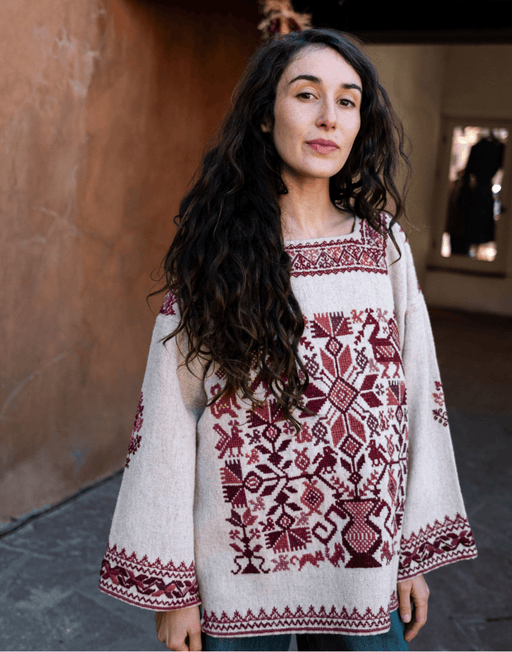 Handwoven Wool Tree of Life Tunic in Cochineal Tones - heritagebyhand