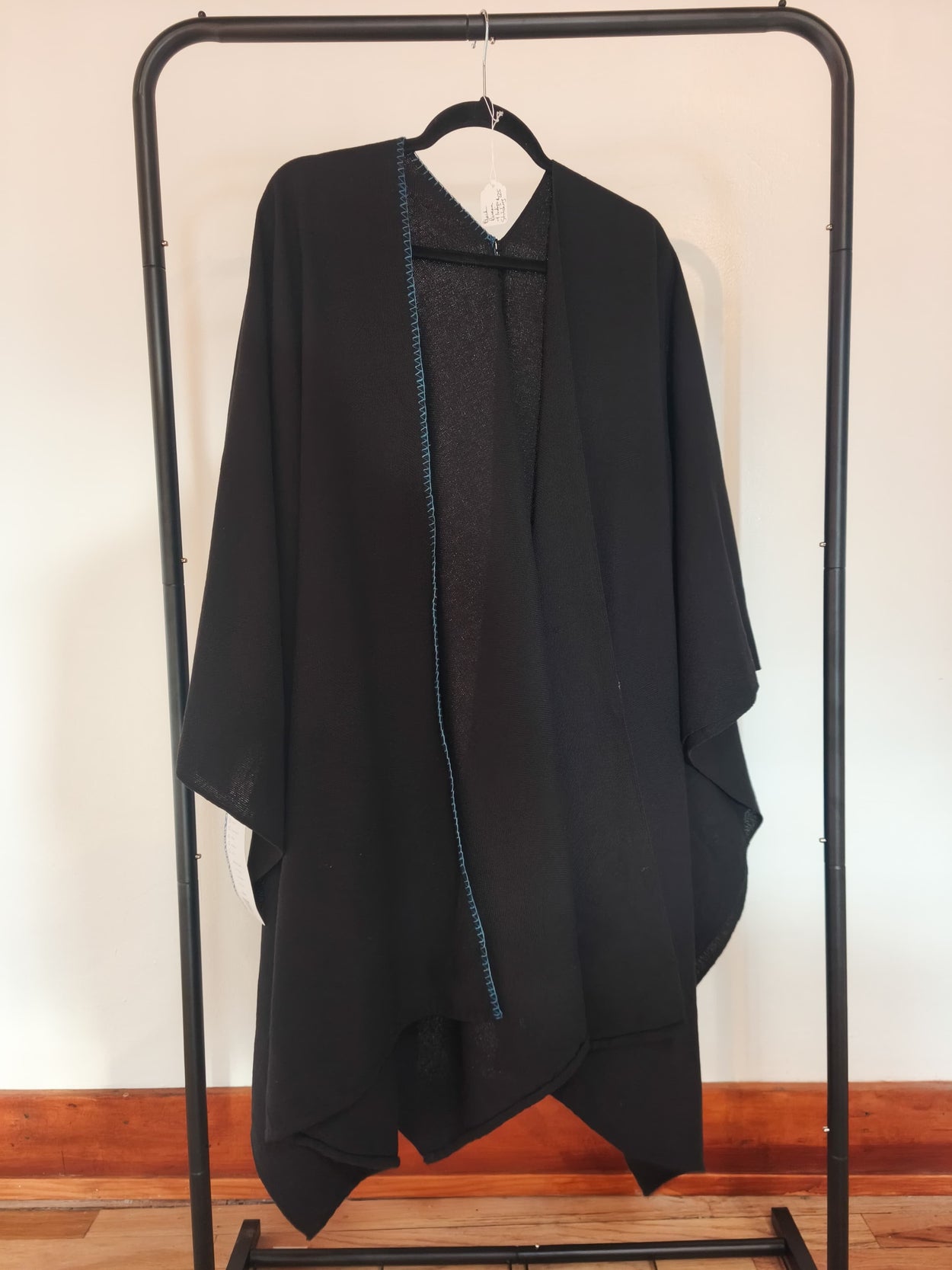 Black Cotton Ruana with Indigo Stitching Textile, Clothing, Poncho Ignacio Netzahualcoyotl 