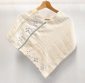 Silver Flowers - cream embroidered poncho, part of ceremonial set by Taller Netzahualcoyotl