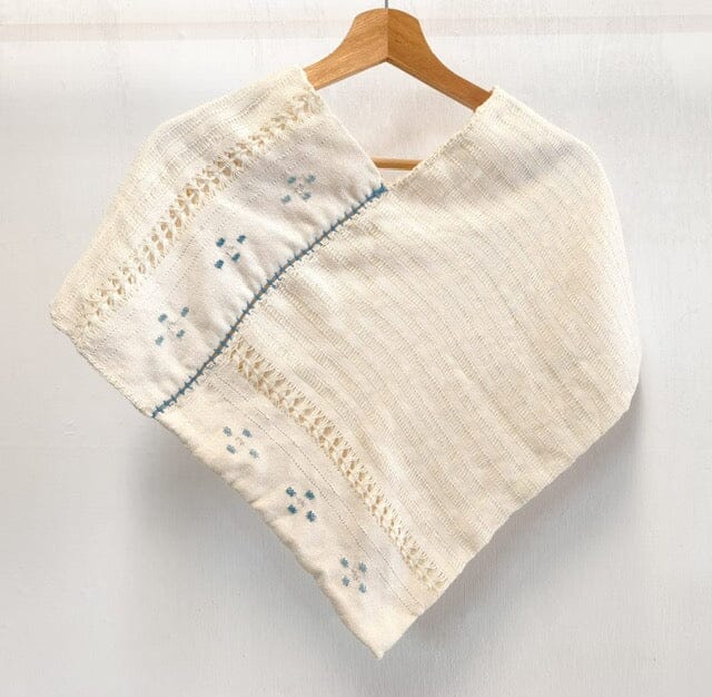 Silver Flowers - cream embroidered poncho, part of ceremonial set by Taller Netzahualcoyotl