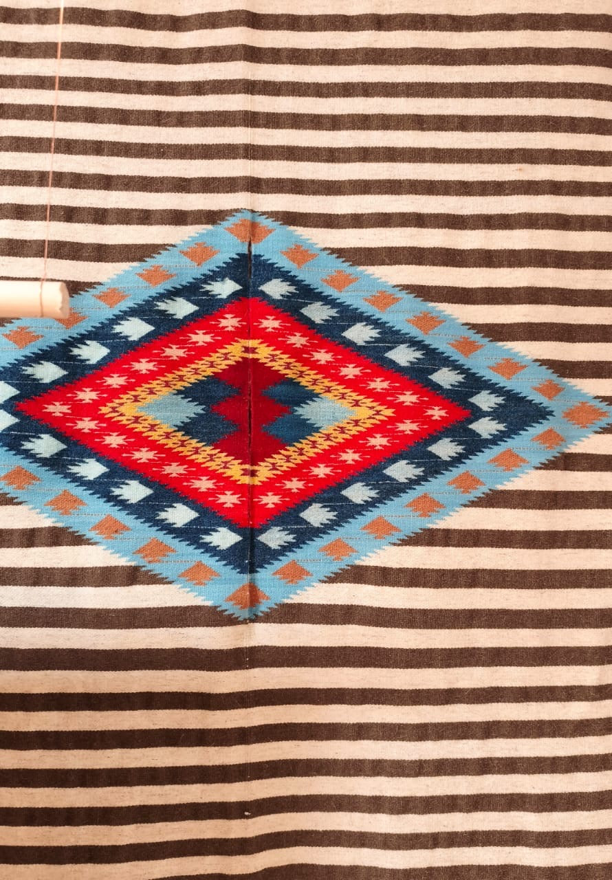 Aves de Tierra - classic Saltillo sarape with central diamond medallion, 3rd Place Tlaxcala Arts Competition 2026, by José Luis Romano