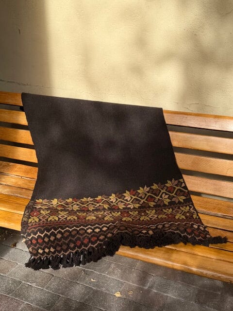Nahua Wool Wrap with Embroidery-Multiple Colors Textile, Accesories, Shawl Teresa Lino Belo 31.5 x 78.75 inches 100% Wool Brown with Green abd Rbown Embroidered Edge