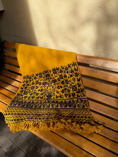 Nahua Wool Wrap with Embroidery-Multiple Colors Textile, Accesories, Shawl Teresa Lino Belo 31.5 x 78.75 inches 100% Wool Mustard with Black Embroidered Edge