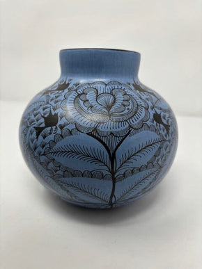 Mini Huancito Melon Vase-Multiple Colors Home, Ceramics, Tabeltop, Gifts Espicio Family 6 inches tall by 7 inches wide 100% natural ceramic clay with burnished finish and hand painting French Blue with Black