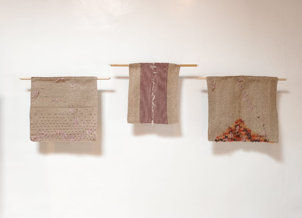Augustina y las Jacarandas - wool and dog hair triptych textile installation with cochineal-dyed flora, Taller Netzahualcoyotl, Indian Market 2026