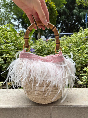 Periquita Shigra-Multiple Colors Accessories Olga Fisch Pink with White Feathers and Bamboo Handle 