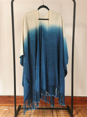 Indigo and White Ombre Ruana Textile, Clothing, Poncho Ignacio Netzahualcoyotl White and Indigo 