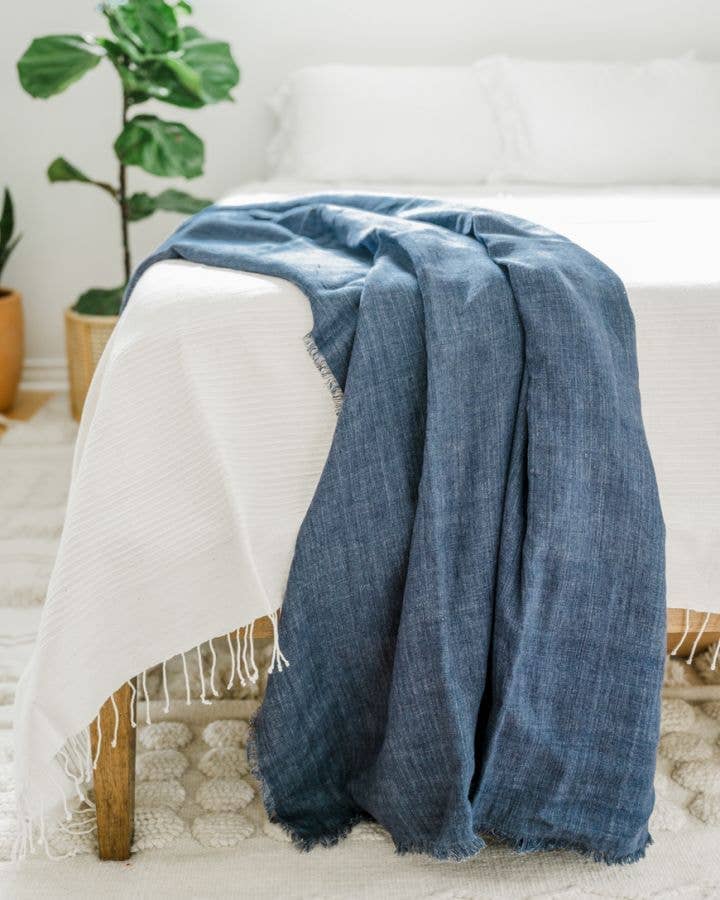 Navy Stone Washed Linen Throw Blanket Home, textile, Bedding Creative Women Navy 