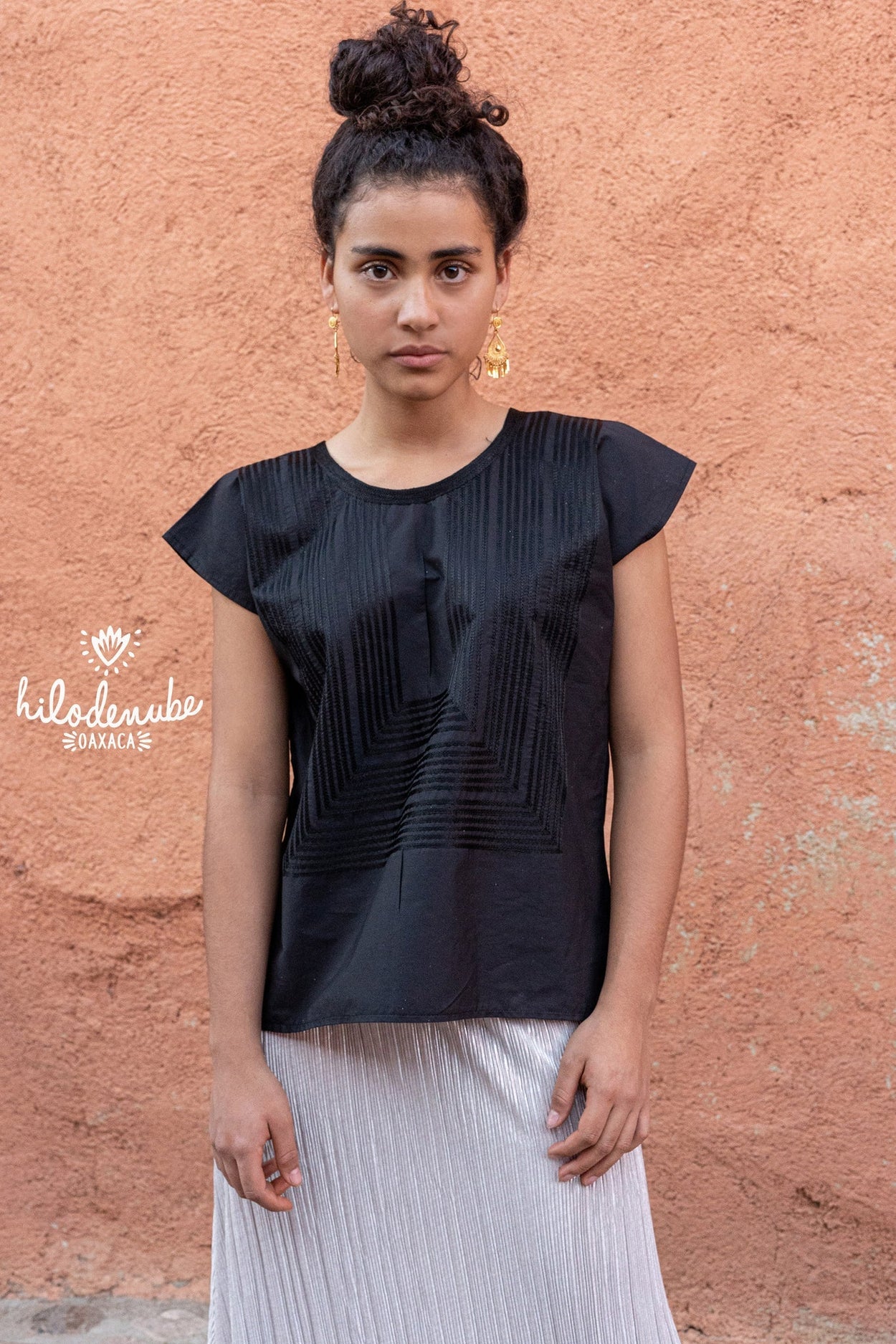 Amalia Huipil-Multiple Colors Tops and Tunics Hilo de Nube Black with Black Stripes Small 