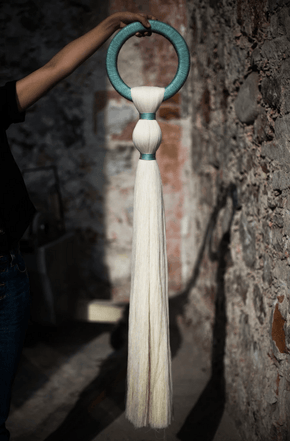 Amarradero Wall Hanging Home Caralarga Large 10 W x 45L in. 100% raw unbleached white raw cotton and hand woven sanseviera fibers Turquoise Ring and Natural