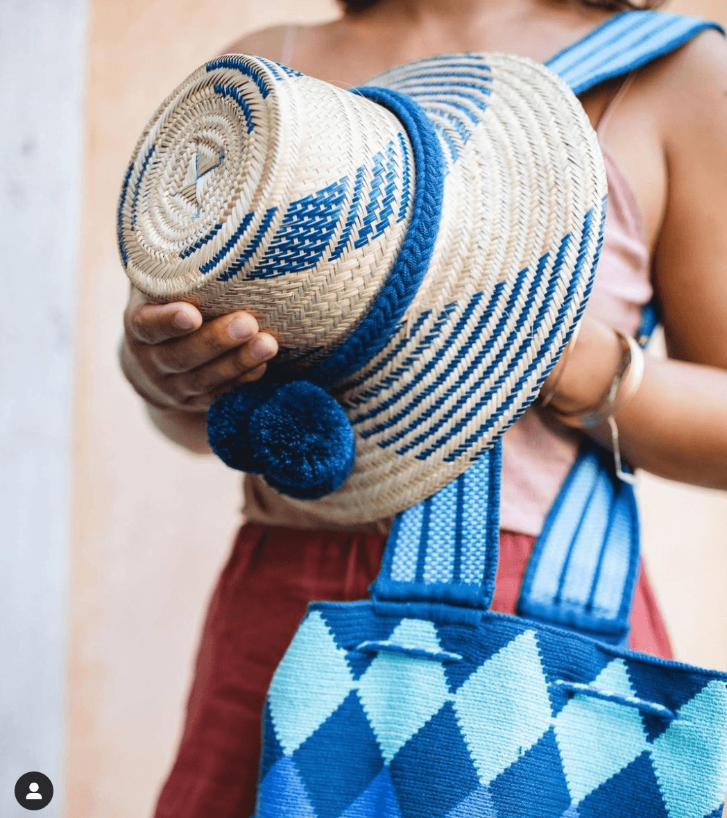 Wayuu Pom Pom Hat Accessories Desde El Sur Con Amor Blue Wayuu Wide Stripe 
