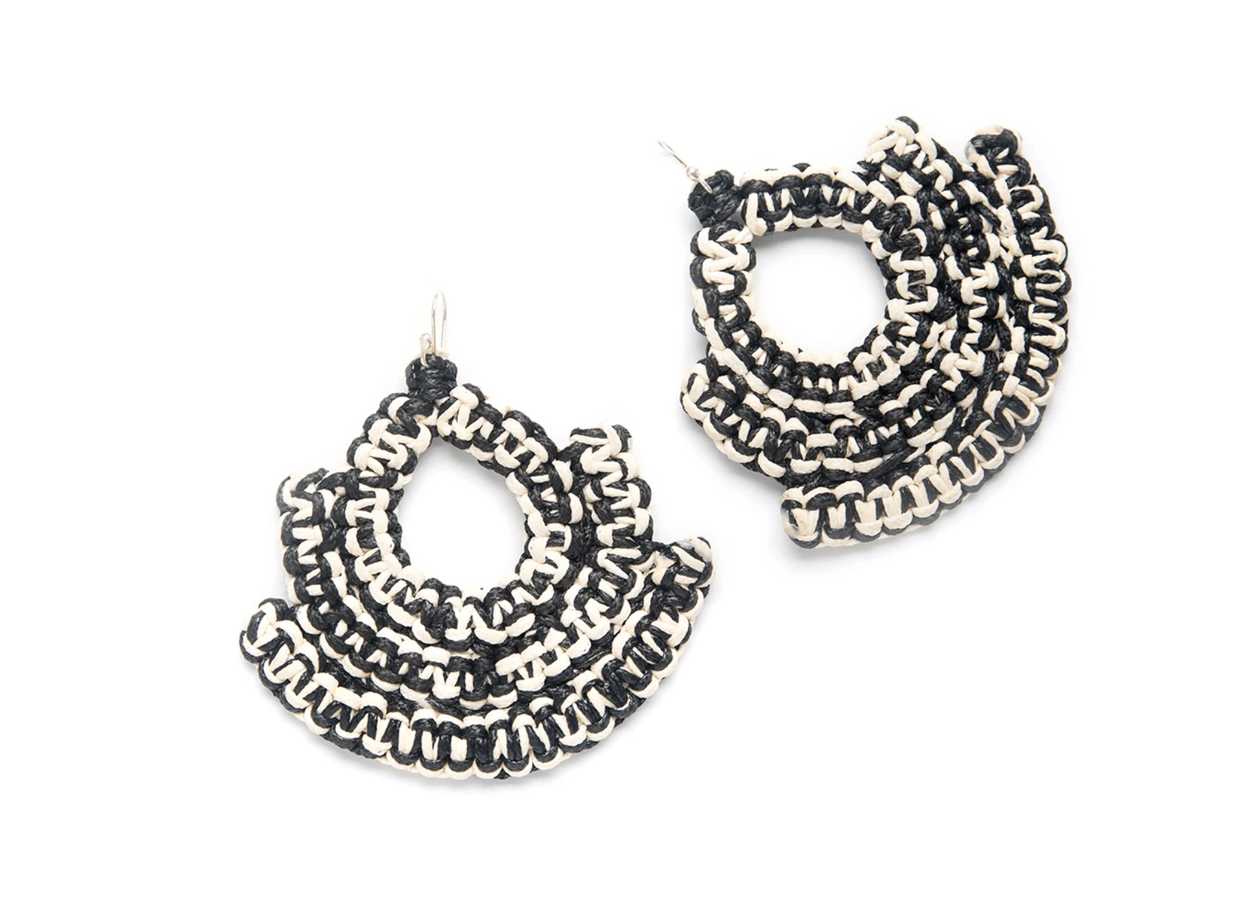 Guerrera Earrings Jewelry Caralarga 2.5 h x 2 3/4 w inches 100% cotton and waxed chord Black and White