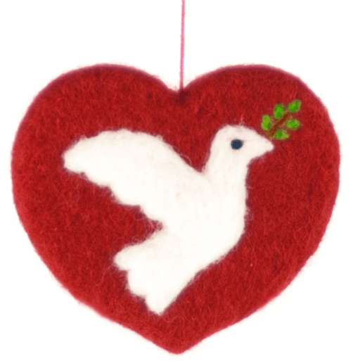 Felted Wool Heart and Dove of Peace Ornament Christmas Mayan Hands 