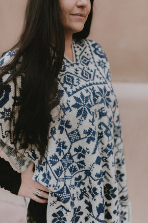 Blue and White Long Flower Poncho - heritagebyhand