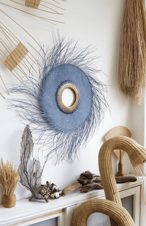 Becal Palm Fiber Woven Soles Home Lordag Sondag 26 inch diameter Parota wood and Palm fibers Indigo Blue