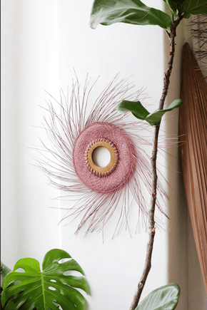 Becal Palm Fiber Woven Soles Home Lordag Sondag 26 inch diameter Parota wood and Palm fibers Annato Pink