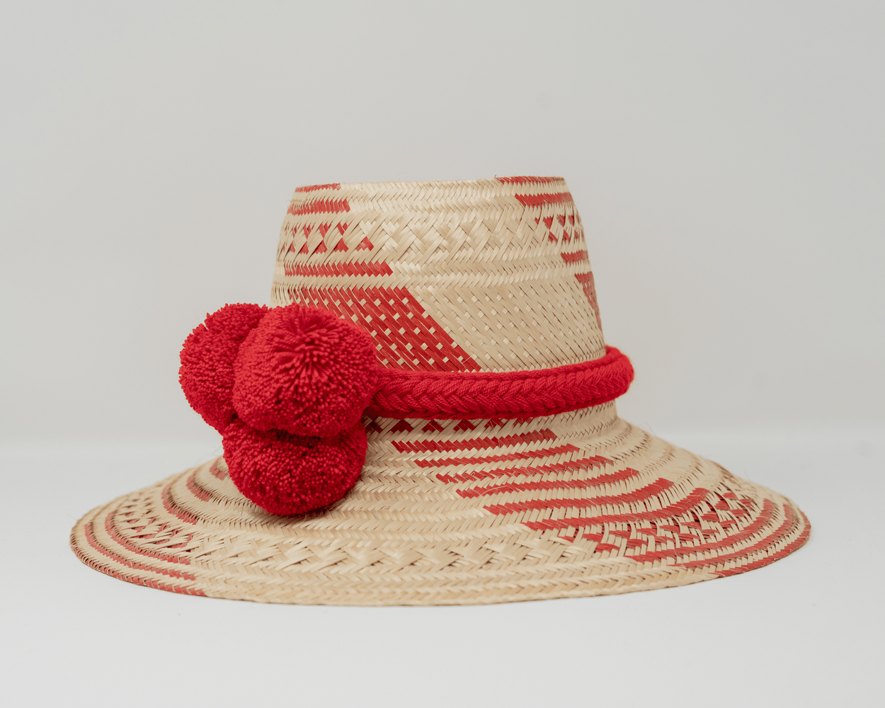 Wayuu Pom Pom Hat Accessories Desde El Sur Con Amor Red Wayuu Wide Stripe with Dots and Crosses 